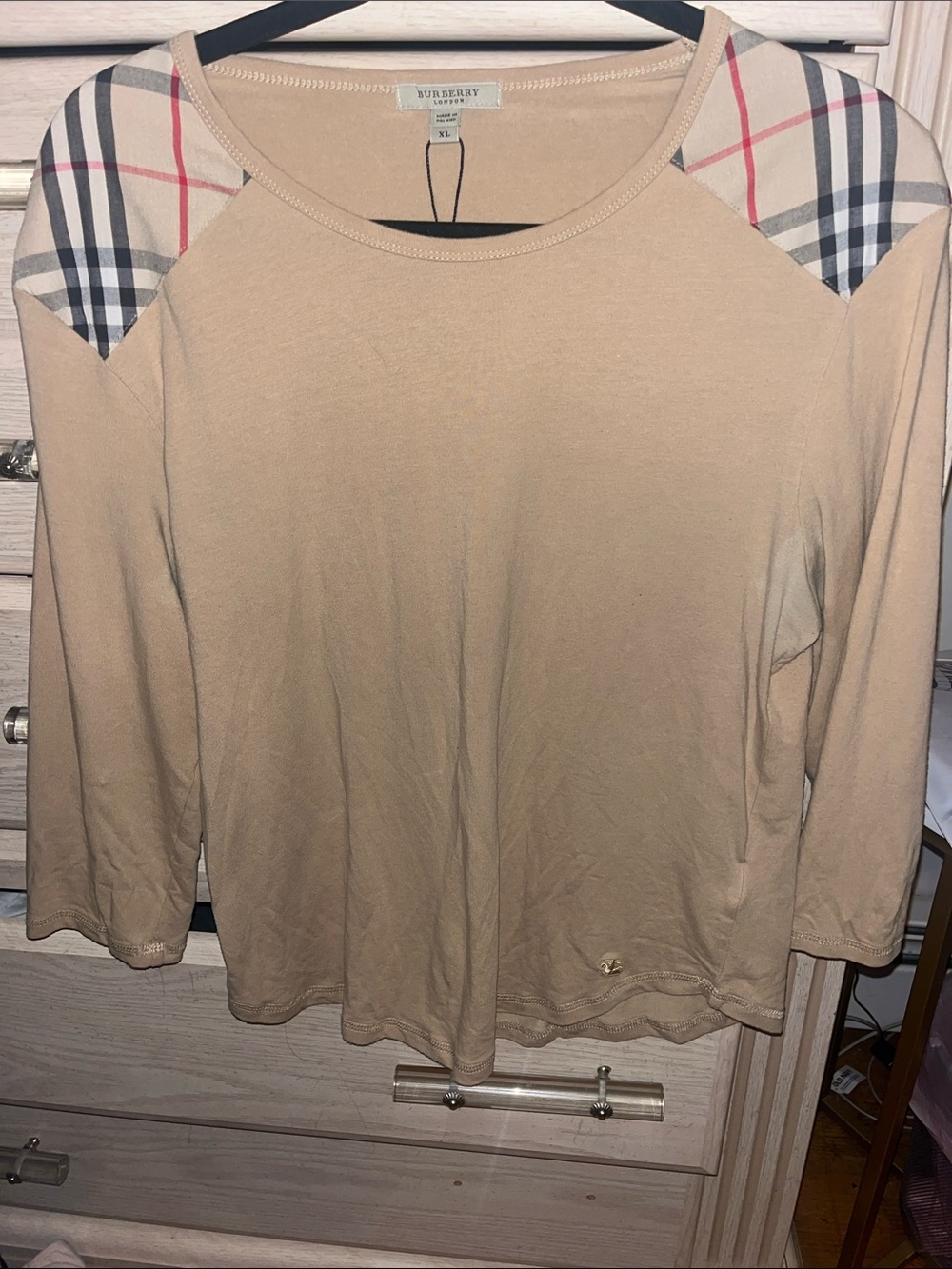Burberry Tan 3/4-Sleeve Top with Signature Check Shoulder Panels